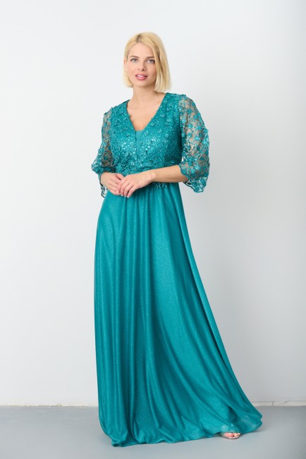Maxi dress with glitter and embroidered lace