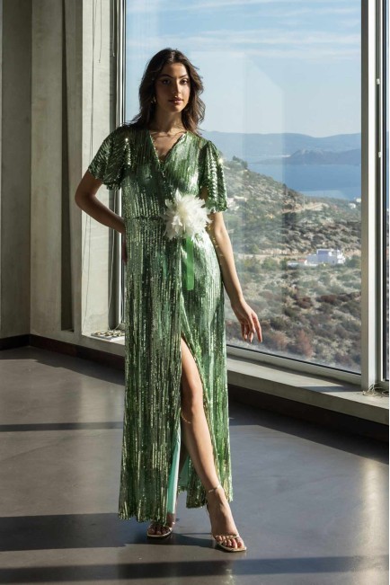 Long sequin dress with tie