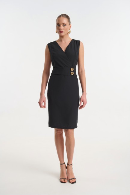 Midi wrap-style dress with decorative buttons