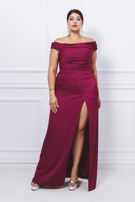 Μάξι off shoulder σατέν φόρεμα με σούρες