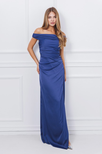 Μάξι off shoulder σατέν φόρεμα με σούρες